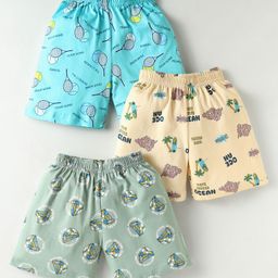 Cucumber Sinker Knit Above Knee Length Shorts With Beach Theme & Sports Theme Print Pack Of 3 - Ivory Light Blue & Green-picture-2