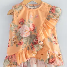 Hugsntugs Cotton Sleeveless Floral Printed & Frill Detailed Top - Orange-picture-12