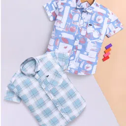 blushh berry Cotton Blend Woven Pack Of 2 Half Sleeves Checked & Abstract Printed Shirts - Green & Blue-picture-13