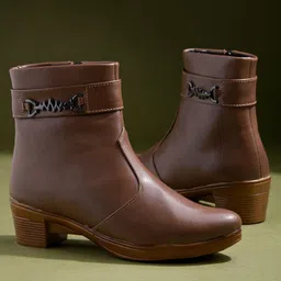 Shoetopia Metal Applique Detailed Zipper Closure Boots - Tan-picture-21