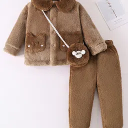 Mark & Mia Full Sleeves Winter Wear Night Suit With Bunny Applique & Sling Bag - Brown-picture-33