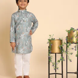 P-MARK Cotton Woven Full Sleeves Leaves Printed Kurta & Pyjama Set - Firozi-picture-20