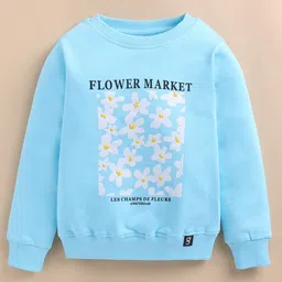 giniekids Cotton Blend Knit Full Sleeves Flower Market Text Printed Light Winter Sweatshirt - Ice Blue-picture-31