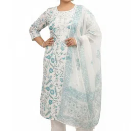 Ruaati Women Floral Printed Regular Thread Work Pure Cotton Kurta with Trousers & With Dupatta image 3