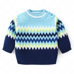 Babyhug Knitted Full Sleeves Pullover Sweater Set with Cap & Chevron Design - Navy Blue image 2