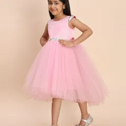 Toy Balloon Kids Net Woven Cap Sleeves Foil Printed & Sequins Embellished Dress - Baby Pink image 5