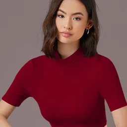 dream beauty fashion Dream Beauty top-53-bullet-maroon Women High Neck Fitted Crop Top image 5