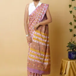 Unnati Silks Purple & Orange Cotton Printed Saree With Unstitched Blouse-image-62
