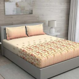 GM 'Matthiola' Beige & Red Cotton 150 TC Double Bedsheet with 2 Pillow Covers-picture-31