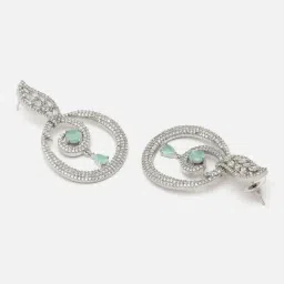 Zeneme Rhodium Plated Green AD Studded Oval Shaped Drop Earrings image 5