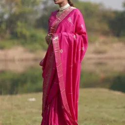 Chidiyaa Pink Dola Silk Block printed Saree image 2