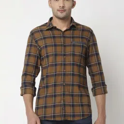 Spykar Khaki Cotton Slim Fit Checks Shirt-image-4
