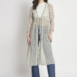 Anvi Be Yourself Off-White Floral Print Longline Tie-Up Shrug-image-6