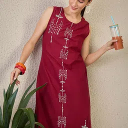 INDO ERA Maroon Embroidered Pure Cotton Tunic with Palazzos image 2