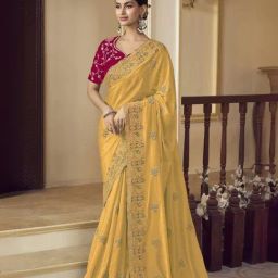 Odette Yellow Georgette Embroidered Saree With Unstitched Blouse-picture-15