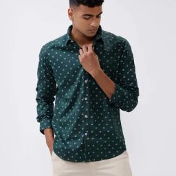 Basics Green Cotton Slim Fit Printed Shirts-picture-22