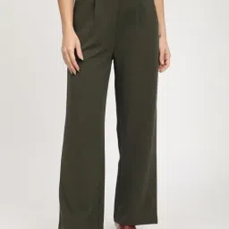 R&B Olive Polyester Flared Fit Mid Rise Trousers-picture-25