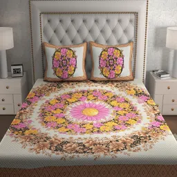 UNIQCHOICE Brown & White Floral Cotton 120 TC Queen Bedsheet Set 2.35 m x 2.15 m image 2