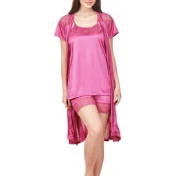 PHALIN Solid Satin Nighty and Robe Set - Pink (Size - Free )-picture-14
