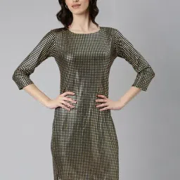 showoffff SHOWOFF Gold Knitted Checks A Line Dress-picture-14