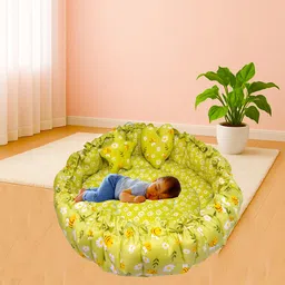 Toddylon Baby Gift Pack Set – New Born Cotton Nest for 0–6 Months | Floral Print | Combo for Newborns | Portable Lounger for Boys & Girls (Green) image 3