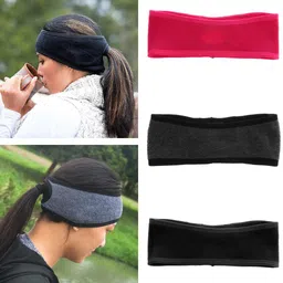 secret desire Winter Warm Fleece Ponytail Headband Ear Cover Ear Warmer Head Wear Black image 4