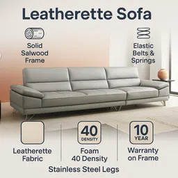 Fabrique Arial Leatherette 4 Seater with Puffy Moden Design Sofa Set | Premium Luxuries & Comfortable Furniture Perfect for Home Guests Office & Living Room | Stainless Steel Legs | Light Grey image 3