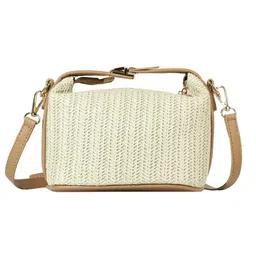 zibuyu Straw Bags for Women Beach Stylish Sling Shoulder Bag for Girls and Women Detachable Shoulder Belt Woven Straw Crossbody Bag Golden Hardware Buckle Design Handbag Bag - Beige image 1