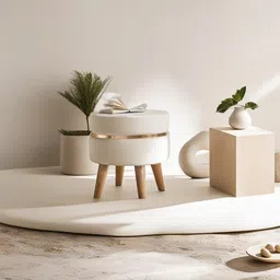 JUMBO CRAFTS Round Wooden Velvet Ottoman - Footrest Stool Linen Fabric Padded Seat Pouffe Ottoman Round Shape Pouffe/Office Stool for Living Room - (Cream) image 5