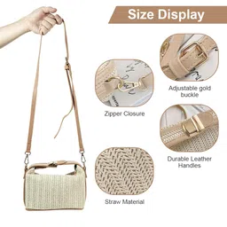zibuyu Straw Bags for Women Beach Stylish Sling Shoulder Bag for Girls and Women Detachable Shoulder Belt Woven Straw Crossbody Bag Golden Hardware Buckle Design Handbag Bag - Beige image 3