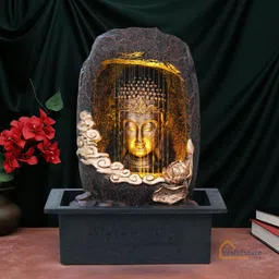 craftestate CraftEstate® Premium Tabletop Gold Brown Meditating Buddha Sitting in Cave Style Indoor Front Curtain Waterfall Fountain for Home Decor with LED Light, Speed Controller Pump (Size: 40 x 22 x 29.5CM) image 1