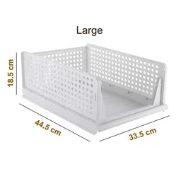 aditya polymers polypropylene Pack of 4 Pcs.(Large) Clothes Shirt Stacker Organizer, Cupboard Foldable Stackable Multipurpose Adjustable Sliding Tray Basket (44.5x33.5x18.5 Cms), Clothing, White image 3