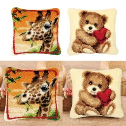 bnf® 2 Set DIY Pillows Cover Latch Hook Kits for Beginners Giraffe & Bear Pattern | Latch Hooking Kits | Latch Hooking | Rug Making | Needlecrafts & Yarn image 5