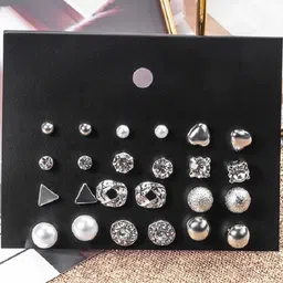 TheVineGirl Set Of 12 Silver-Plated Cubic Zirconia Studded Geometric Studs image 2