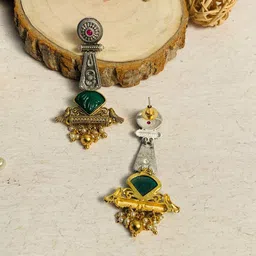 ABDESIGNS Gold-Plated Stone Studded & Beaded Classic Drop Earrings image 3