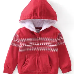 Babyhug Full Sleeves Hooded Sweat Jacket With Zipper and HD Print Detailing - Red-image-45
