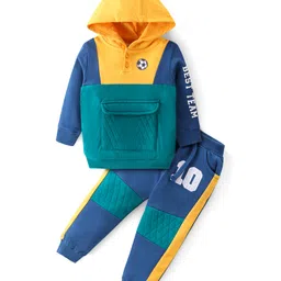 Babyhug Cotton Knit Full Sleeves Hooded Color Block T-Shirt & Lounge Pants Set With Text & Number Print - Green & Navy-picture-17