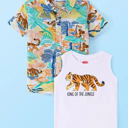 Babyhug Cotton Knit Half Sleeves Safari Theme Printed Shirt With Inner Tee - Teal Green-picture-25