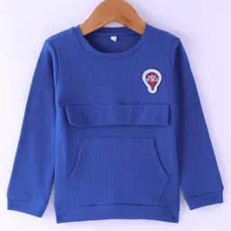 Olio Kids Cotton Knit Full Sleeves Winter Wear T-Shirt with Kangaroo Pocket & Hot Air Balloon Patch - Blue image 1