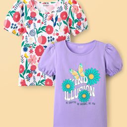 Honeyhap Premium 100% Cotton Knit Half Puffed Sleeves Tops with Bio Wash Tropical Theme Print Pack of 2 - Bright White & Lavender-picture-23