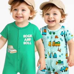 Babyoye 100% Cotton Knit With Eco Jiva Finish Half Sleeves Vehicle Printed Rompers Pack of 2 - Green & Light Blue-picture-39