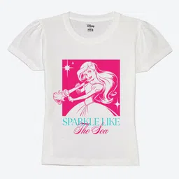 Wear Your Mind Cotton Knit Disney The Little Mermaid Featuring Half Sleeves Ariel Character Printed Tee - White-picture-12