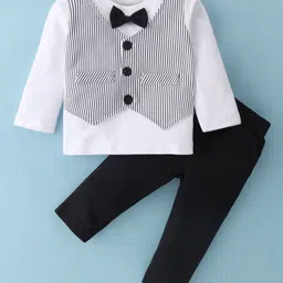 Mark & Mia Looper Knit Full Sleeves T-Shirt & Lounge Pant With Attached Stripes Waist Coat & Bow Detailing - White & Black-picture-13