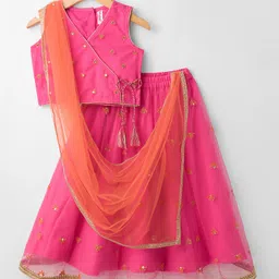 Babyhug Net Woven Sleeveless Choli Lehenga Set with Dupatta & Floral Embroidery - Fuchsia-picture-18