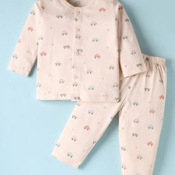 Zero Interlock Knit Full Sleeves Front Open Co-Ord Night Suit With Vehicle Print - Beige-picture-26