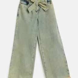 Tales & Stories Denim Woven Mild Washed Flared Jeans With Belt - Green-picture-30