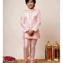 BT DEZINES Cotton Silk Woven Full Sleeves Solid Kurta Pyjama Set With Damask Zari Embroidered Jacket Set - Light Pink-picture-19