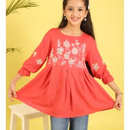 ISHTI Rayon Woven Three Fourth Sleeves Floral Embroidered Top - Coral-picture-11