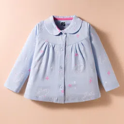 Evimo Single Jersey Knit Full Sleeves Co-Ord Night Suit with Peter Pan Collar & Bird Print - Light Blue image 2