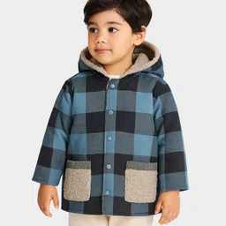 Mi Arcus Knit Full Sleeves Checked & Lion Patch Detailed Heavy Winter Reversible Jacket - Blue image 3